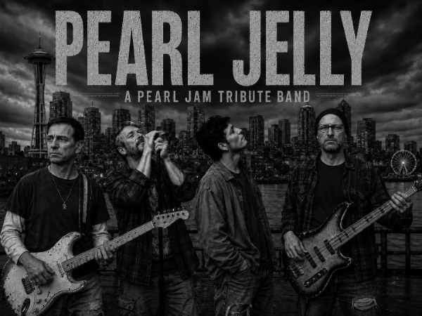 Pearl Jelly, a Pearl Jam tribute band from Denver: Will, Brad, Dave and AJ, in black and white with the Seattle skyline behind them